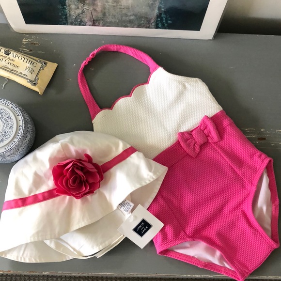 Janie and Jack Other - Janie and Jack Pink and White Bathing Suit and Hat